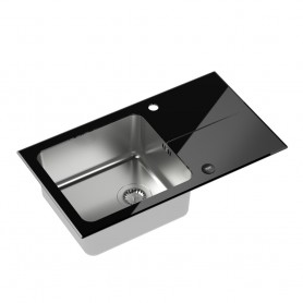 HUGH 111 Zlewozmywak - Czarny szklany blat - Stalowa komora