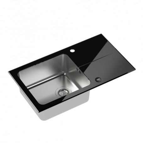 HUGH 111 Zlewozmywak - Czarny szklany blat - Stalowa komora