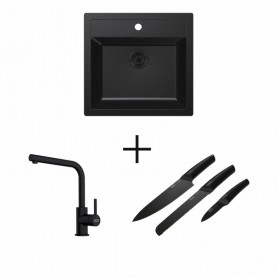 Zlewozmywak T7 Czarny Tectonite 1-komorowy 560x530 + Bateria B9 Czarny Mat + zestaw noży