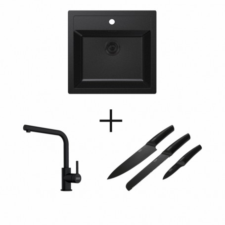 Zlewozmywak T7 Czarny Tectonite 1-komorowy 560x530 + Bateria B9 Czarny Mat + zestaw noży