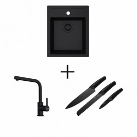 Zestaw T6 - Zlewozmywak Czarny Tectonite 1-komorowy 530x430 + Bateria B9 Czarny Mat