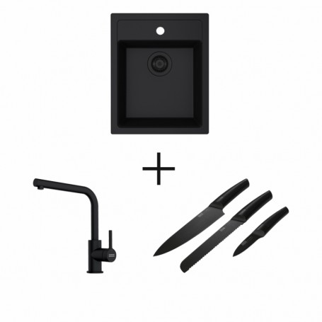 Zestaw T6 - Zlewozmywak Czarny Tectonite 1-komorowy 530x430 + Bateria B9 Czarny Mat