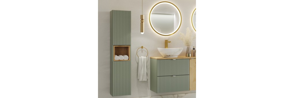 Meble łazienkowe Line Reed Green z pionowymi ryflowanymi frontami.