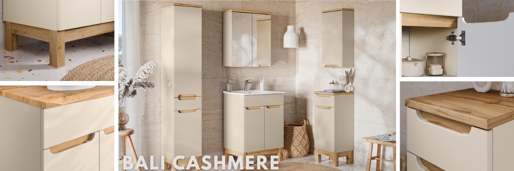 Bali Cashmere – eleganckie meble łazienkowe w Kaszmirowym Beżu i Dębie Wotan| Sitimeble.pl